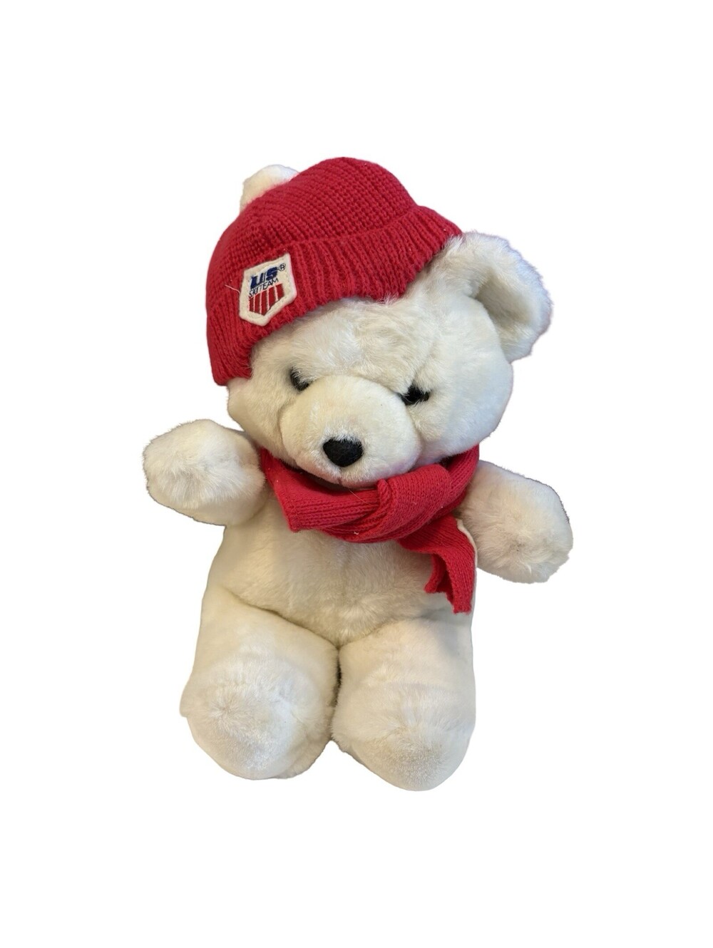 Commonwealth US Ski Team White Plush Teddy Bear Red Knit Hat Scarf Vintage 1986